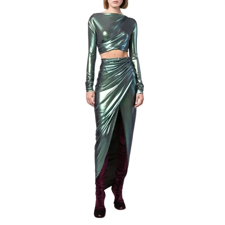 Wholesale green women ruched long sleeve short top and high waist slit wrap design long skirt