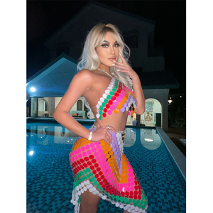 Boho inspiré à la main Sequin court haut court ensemble pour femmes <span class=keywords><strong>disque</strong></span> irrégulier coloré Bikini corps chaîne filles Sexy Mini jupe - Product Image 4