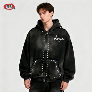 هوديز رجالي عالي الجودة من المصنعين، سترة رياضية بسحاب وغسيل حمضي، مقاس كبير XXL، تصميم فضفاض مع أحجار الراين - Product Image 1