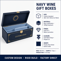 Boîte cadeau rigide pour vin personnalisée marine |   Fermoir en métal doré |   Logo en feuille d'or |   Insert en velours |   Couvercle à charnières |   MOQ 100 PCS OEM & ODM