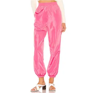 देवियों पॉलिएस्टर नायलॉन लोचदार कमर पतलून महिलाओं आकस्मिक ढीला फिट गुलाबी चमकदार पैंट