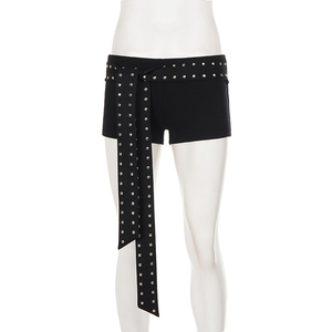 Shorts décontractés tendance style punk sombre avec détails rivets, patchwork et lien frontal, streetwear sexy pour femme - Product Image 6