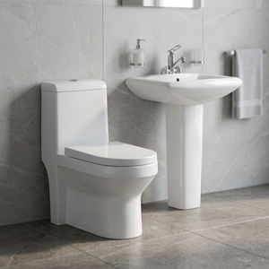 Toilette monobloc ronde en céramique de couleur blanche de luxe et piédestal de lavabo assorti pour hôtels 5 étoiles - Product Image 1