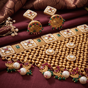 Ensemble collier choker vintage plaqué or Kundan avec boucles d'oreilles Jhumka assorties, perles pendantes, tenue de mariage Rajasthani - Product Image 3
