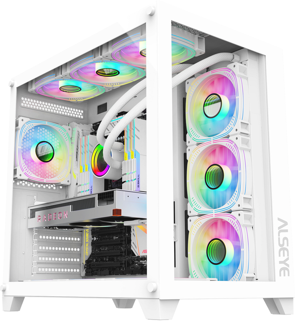 ALSEYE ITX/ATX White Full Glass Computer Case Knight-W(4 Fans) Gaming PC Case