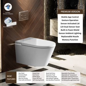 Toilette intelligente avancée avec fonctions de bidet, cuvette allongée, télécommande, siège chauffant pour une propreté accrue OTS11-3 Suspendue au mur - Product Image 5