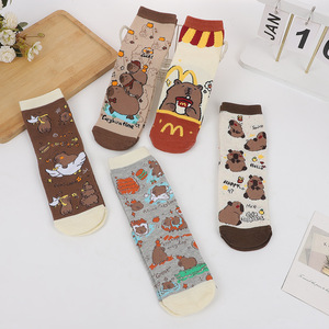 Женские вязаные хлопковые носки с мультяшным медведем в клетку, антибактериальные, оптом - Product Image 4