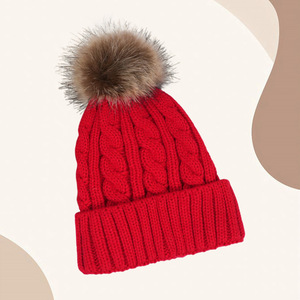 Cable Knit Pom Pom Hat Red Winter Warm Windproof Unisex Foldable 56-58CM Solid Color Twisted Pattern - Product Image 1
