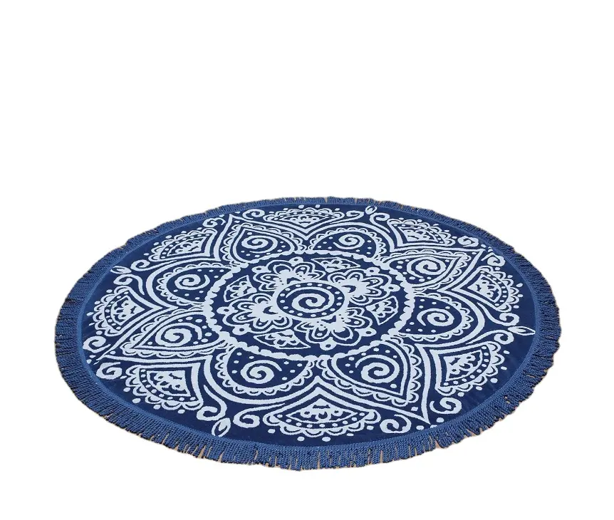 Couverture de plage circulaire en peluche doux Jacquard velours piscine serviette de pique-nique Yoga tapis de méditation bleu rond serviette de plage