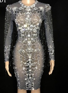 Sparkly <strong>Silver</strong> Rhinestones See Through <strong>Dress</strong> Prom Party Mesh Outfit <strong>Women</strong> Dance <strong>Dress</strong> Birthday Celebrate <strong>Dress</strong> - Product Image 2