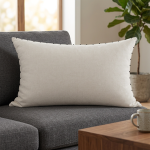 Housse de coussin lombaire en coton et lin de qualité supérieure, coussin rectangulaire blanc naturel avec surpiqûres contrastées noires pour canapé et lit - Product Image 4