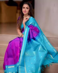 Luxueux lourd Jacquard soie Saree riche violet bleu ciel bordure élégant doré grand Jacquard tissage Bollywood pour l'été hiver - Product Image 4