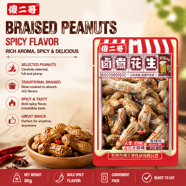Wholesale OEM Snack Food 80g Individual Pack Soft Juicy Spicy Braised Peanuts Chinese Traditional Snack