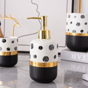Black &amp; White Ceramic Bathroom Accessories Set Bathroom Soap Dispenser Set With Golden <strong>Trim</strong> - Product Image 2
