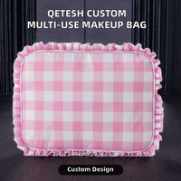 Trousse de Toilette à Volants à Carreaux Vichy, Capacité Moyenne, Multifonction, en Polyester Résistant à l'Eau, Style Féminin avec Fermeture Éclair