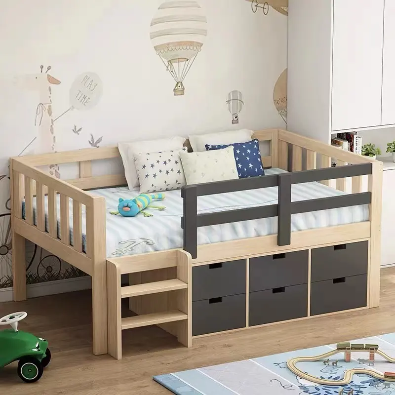 Space Saving Wood Child Bed Room Kids Furniture Wooden Loft Bunk Beds Kids Loft Bunk Beds with 6 Drawers Storage