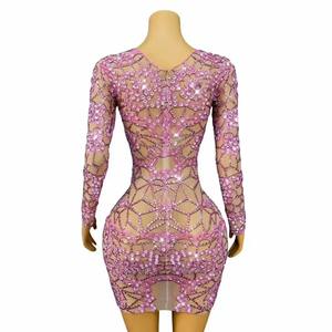 Robe de soirée pour femme, design sexy, en maille ornée de strass roses scintillants, style costume de <span class=keywords><strong>danse</strong></span> du Xinjiang, pour fête d'anniversaire et célébrations - Product Image 2
