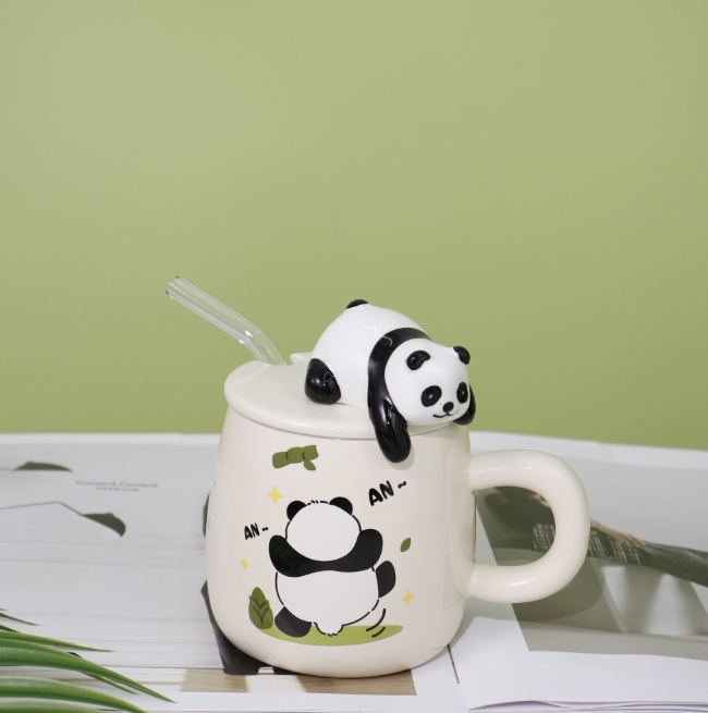 Cute Cartoon Panda Mugs,High Quality Creative Ceramic Cup with Lid and Straw for Coffee, Milk.Best Gifts for Women Girls Kids.