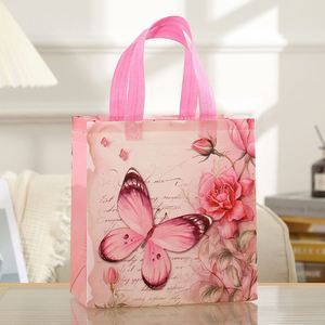 Sacs réutilisables non tissés avec poignées, motif papillon et fleurs roses, pour emballages cadeaux, anniversaires, Noël, fêtes - Product Image 3