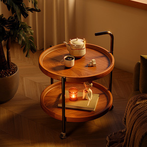 Wood <b>Round</b> Coffee <b>Table</b> With Wheels Movable Storage <b>Side</b> <b>Table</b> For Living Room Multi Tiered Design - Product Image 1