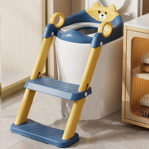 Children's Toilet Seat <b>Step</b> <b>Stool</b> With Ladder For Potty Training Blue And Yellow Bear Design Foldable PP Material - Product Image 1