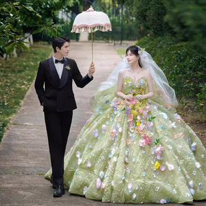 French Style Fairy Wedding Dress Green Pink Ball Gown Sweetheart Neckline Empire Waist Candy Color Tulle Dress - Product Image 3