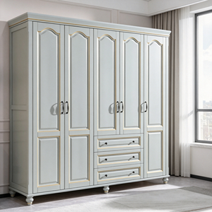 Armoire traditionnelle à 5 portes avec 3 tiroirs, meubles de chambre à coucher en MDF, armoire autoportante, gris clair, finition dorée - Product Image 3