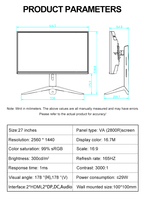 Écran LCD de jeu 32 pouces 1K 180Hz 2K 165Hz 1ms, écran d'ordinateur incurvé LED 27 pouces 1800R avec interfaces HD DP VGA