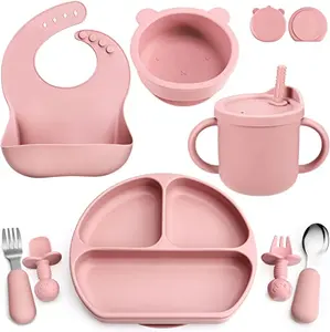 Neworn Kit de alimentação para bebês, 9 peças, tigela e colher de silicone sem BPA, conjunto de utensílios de mesa para alimentação de bebês