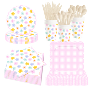 DAMAI Tea Party Decoration Supplies Flower Theme Party Pink Plaid Wave Edge Disposable Dinnerware Set 9 Inch <b>Paper</b> Plates Cup - Product Image 2