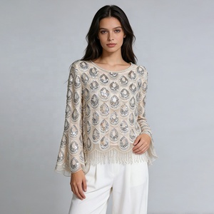 OUDINA Nuova Collezione Boutique: Top Corto con Paillettes e Frange, Collo Tondo, Manica Lunga, Taglia XXL Plus Size per <span class=keywords><strong>Donna</strong></span> - Product Image 1