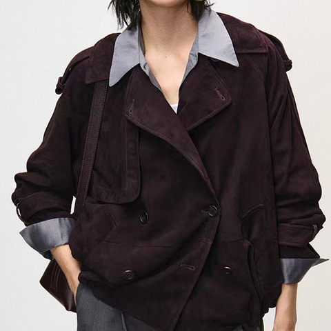 4182 New Fashionable Unique Design Double Breasted Genuine Leather Sheep Skin Short Style Trench Women Leather Coats