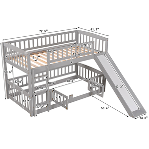 Lit superposé gris double avec glissière, barrière de sécurité et échelle robuste pour la chambre des enfants et des adolescents - Product Image 2