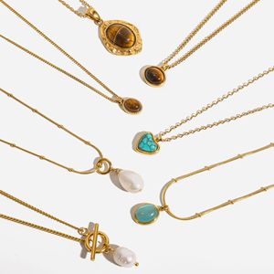 สร้อยคอจี้ลายตาเสือสำหรับฤดูใบไม้ร่วงและฤดูหนาว ทำจากสแตนเลสสตีล 18K ดีไซน์รูปทรงวงรีเรขาคณิต เหมาะสำหรับใส่ทุกวัน เครื่องประดับหรูหราแบบเรียบง่าย - Product Image 1