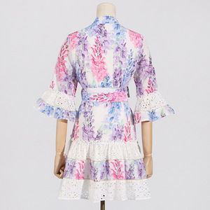 Robes décontractées pour femmes à imprimé coloré, col en V, manches trois quarts, taille empire, patchwork, longueur genou, style bohème, boutonnées - Product Image 4