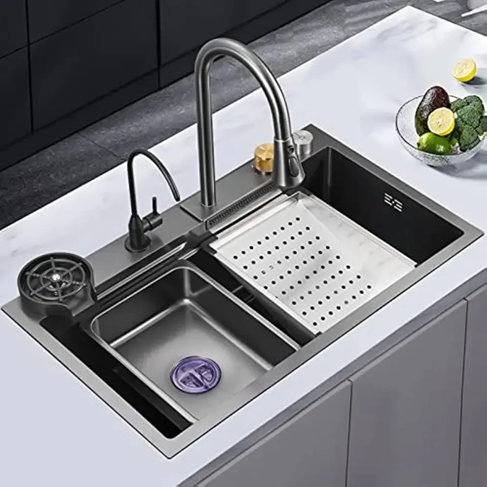 Mode moderne Sus304 cascade multifonction intelligent évier en acier inoxydable rinceur de verre éviers de cuisine