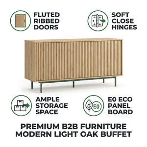 <span class=keywords><strong>Buffet</strong></span> en bois de chêne <span class=keywords><strong>clair</strong></span> nordique, armoire de rangement personnalisée OEM à 4 portes cannelées pour salle à manger et hôtel - Product Image 4