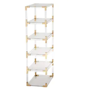 Su misura 6-mensola del tovagliolo oro e acrilico trasparente aperto cassa di libro display rack lucite pavimento in piedi libreria