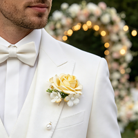Bunga Mawar Kuning Buatan Baru, Bros Bunga Pengantin Pria, Pin Kerah Mutiara, Aksesoris Bros Bunga untuk Jas Pria