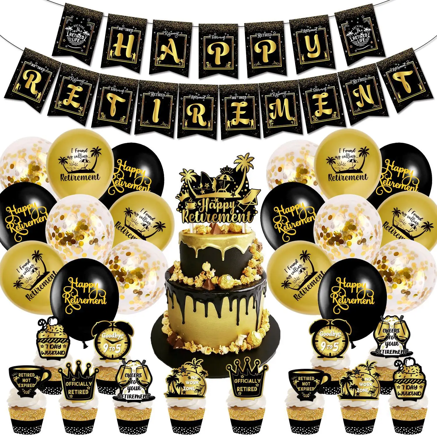 Black gold retirement theme party set banner size cake card latex confetti balloon set decoration props