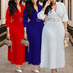 D472 Vestido <span class=keywords><strong>Maxi</strong></span> Elegante Casual para Mujer Moderno de Primavera con Cuello en V Plisado Mangas Largas Logo en la Espalda y Cinturón en Color Sólido para Dama - Product Image 1