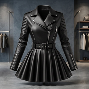 Veste de moto en simili cuir d'agneau noir pour femme avec ceinture, séchage rapide, épaules tombantes, fermeture éclair, jupe plissée - Product Image 3