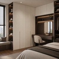 Armoire avec portes encadrées ivoire chaud, sections de présentation en bois fumé et meuble-lavabo