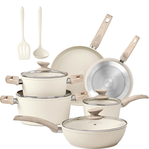 High Quality Ceramic Coated Non-Stick <b>Pots</b> Wooden Soft Touch Handle 12-Piece Beige Aluminum Induction Forged Cookware Set - Product Image 1