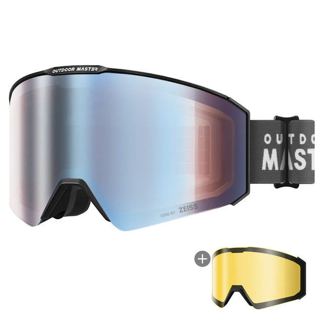 Outdoor Master Falcon Ski Goggles Anti Fog ZEISS Lens OTG Frameless Snowboarding Goggles UV400 Protection for Adult Black