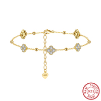 Prix de gros Bracelet en argent sterling S925 plaqué or 14K, avec perles trèfle et rondes interchangeables, micro-pavé de moissanite, fermoir homard trèfle
