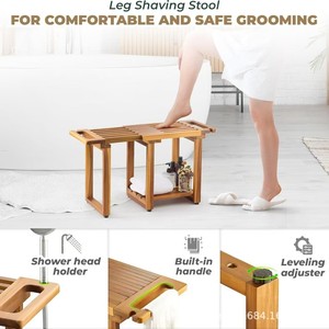 Wooden Bathroom Stool With <b>Storage</b> Shelf Foldable <b>Shower</b> Seat Adjustable Size For Bathtub Use - Product Image 3