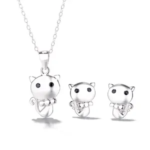 Real Silver 925 Mysterious Cat On The Moon Pendant And Earrings Jewelry Set For Women