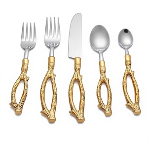 Ensemble de couverts vintage en acier inoxydable avec poignée en forme de branche dorée, pour mariage, dîner, vaisselle, passe au lave-vaisselle - Product Image 1