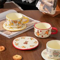 Ensemble de tasses en céramique avec soucoupes, motif animaux de dessin animé mignons, style rétro, design vintage de luxe léger, pour café, usage domestique, petit-déjeuner, cadeau